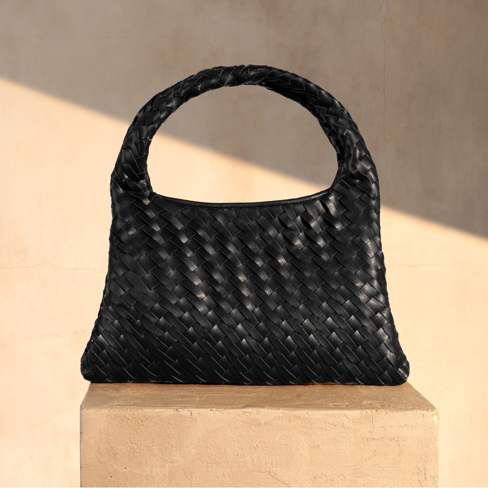 NWT Black Leather Woven Bag, Magnetic Closure